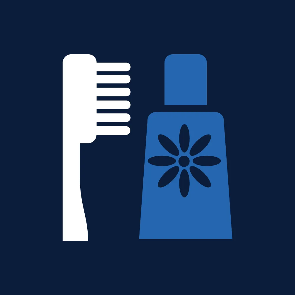 A minimalist illustration of a white toothbrush and a blue tube of toothpaste with a flower design on a dark blue background.