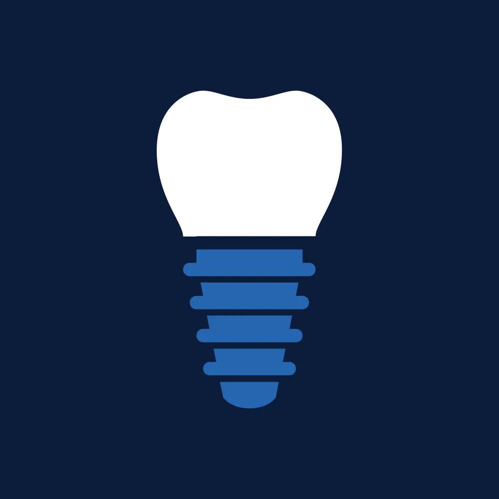 Stylized white tooth on top of a blue screw-shaped dental implant on a navy blue background.
