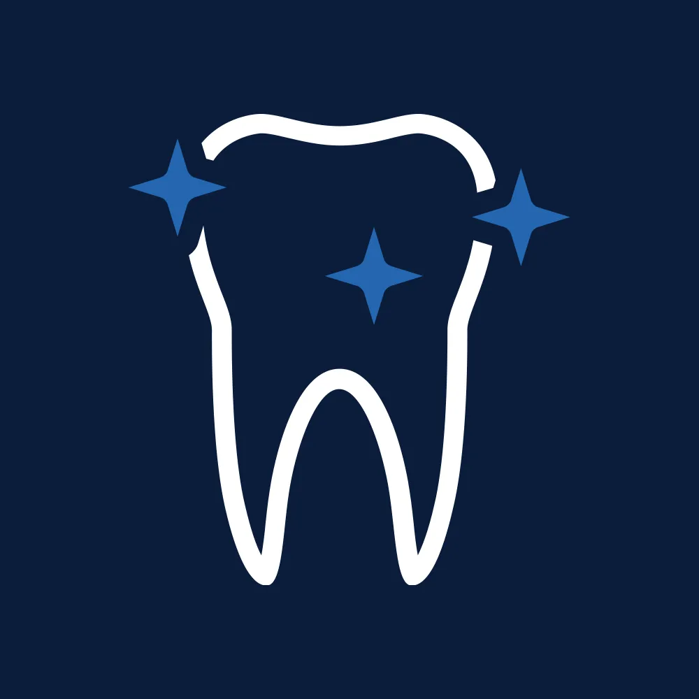 White outline of a healthy tooth with blue sparkles on a dark blue background.