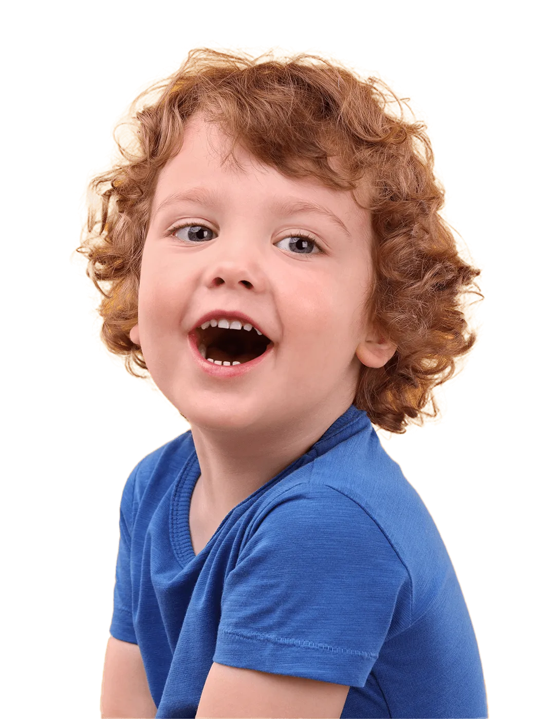 Happy toddler with curly hair laughing.