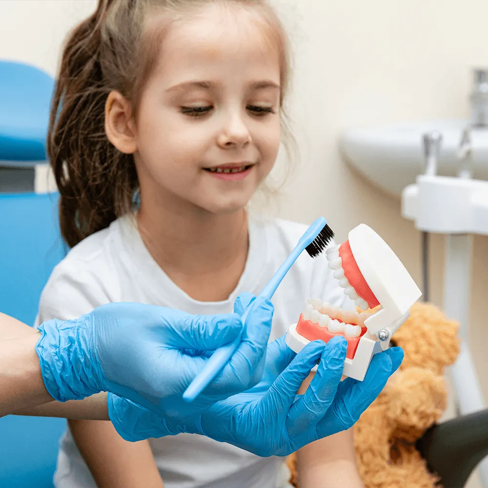 Dentist shows young girl proper brushing technique using a model jaw.