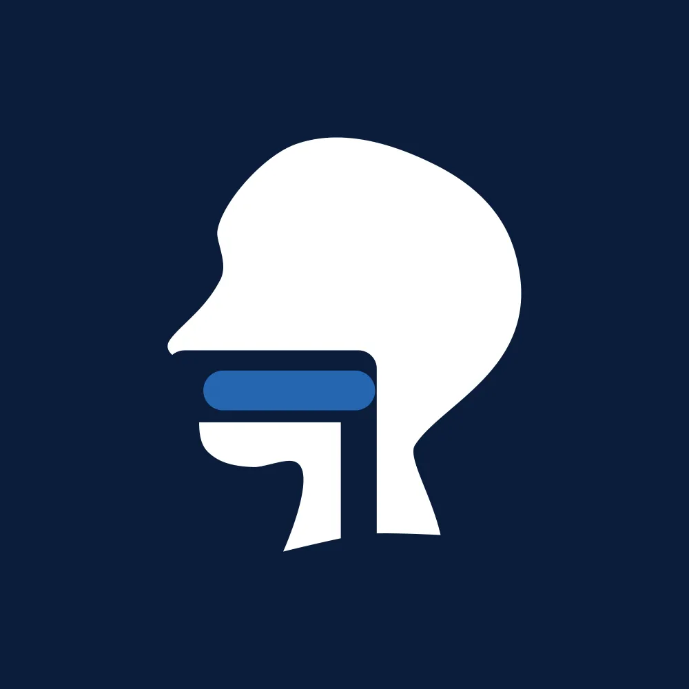 Stylized white outline of a head with a blue horizontal bar across the mouth on a dark blue background.