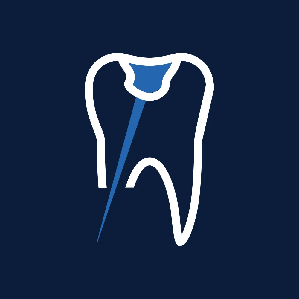 Stylized illustration of a tooth with roots, set against a dark blue background, symbolizing dental health and care.