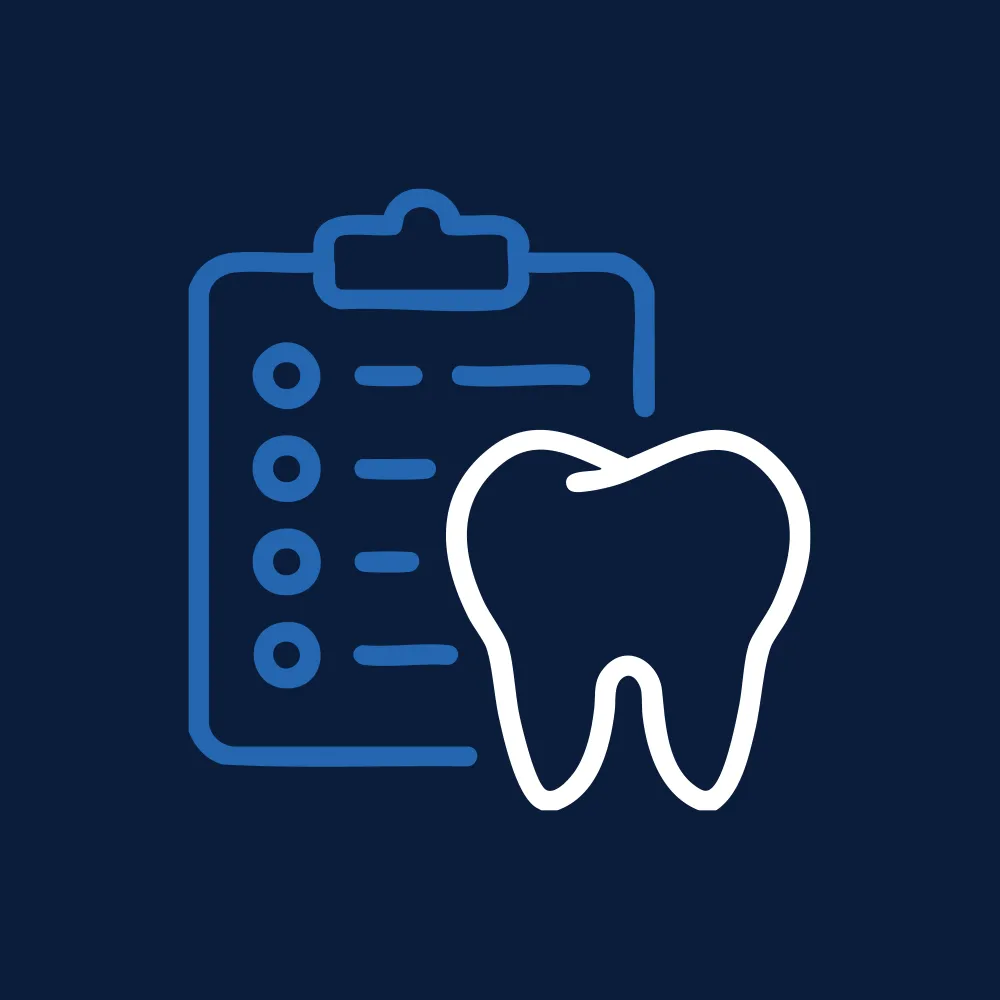 Blue and white outline illustration of a clipboard with a checklist and a tooth on a dark blue background.