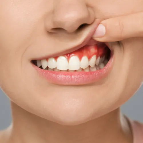 Woman lifting upper lip to show inflamed gums.