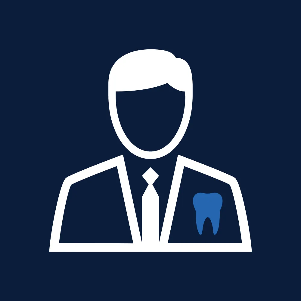 White and blue icon of a person wearing a suit with a tooth symbol on their lapel.