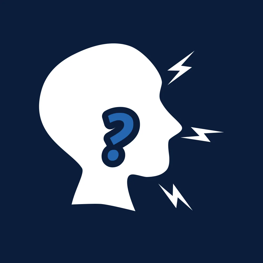 Stylized white silhouette of a human head in profile with a blue question mark inside and rays around the mouth area.