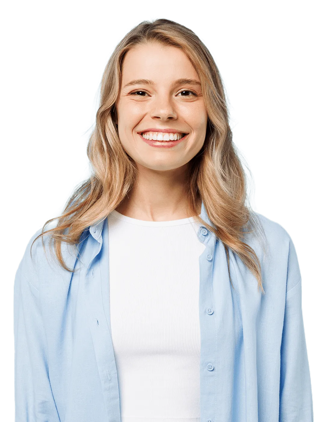 Happy young woman wearing a light blue shirt.