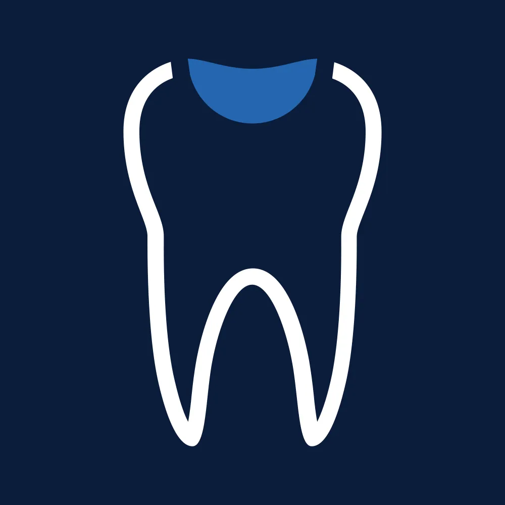 Stylized white tooth outline with blue fill on a dark blue background.