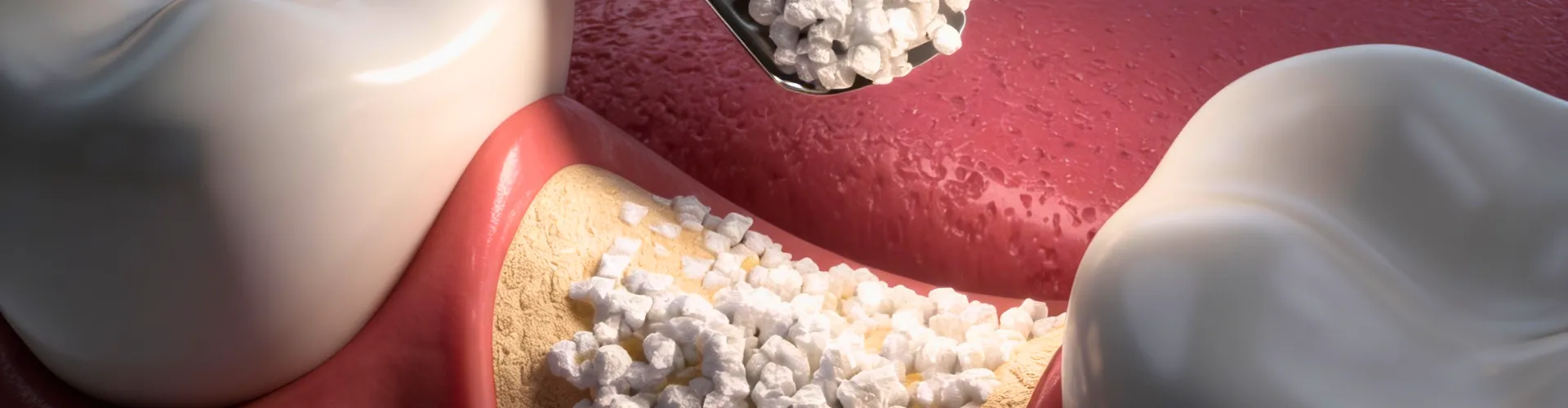 Rendering of a bone graft being placed under the gum between two teeth.