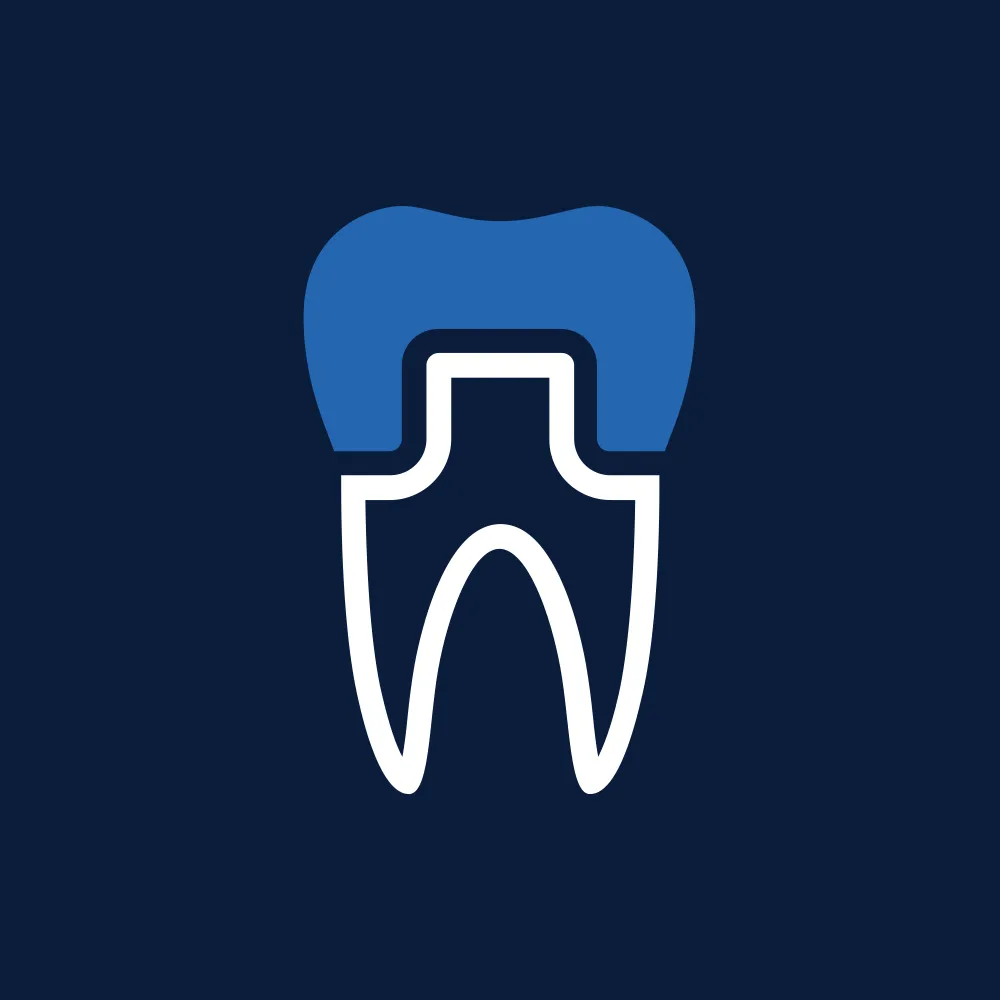 Stylized blue and white tooth icon on a dark blue background.
