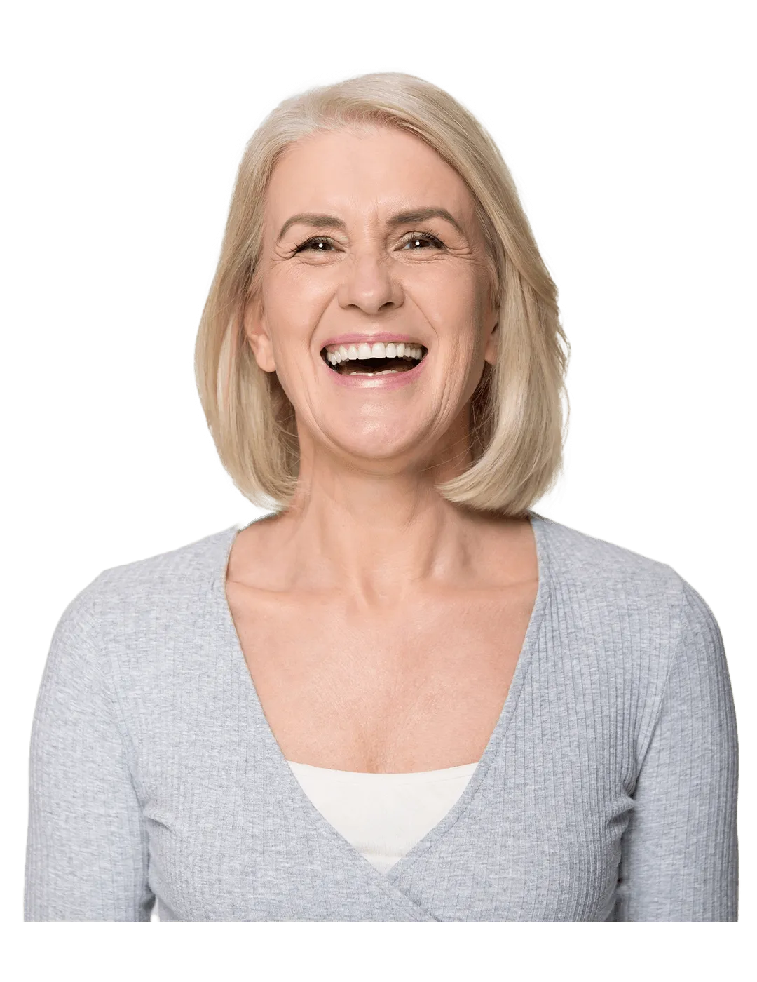 Happy senior woman laughing.
