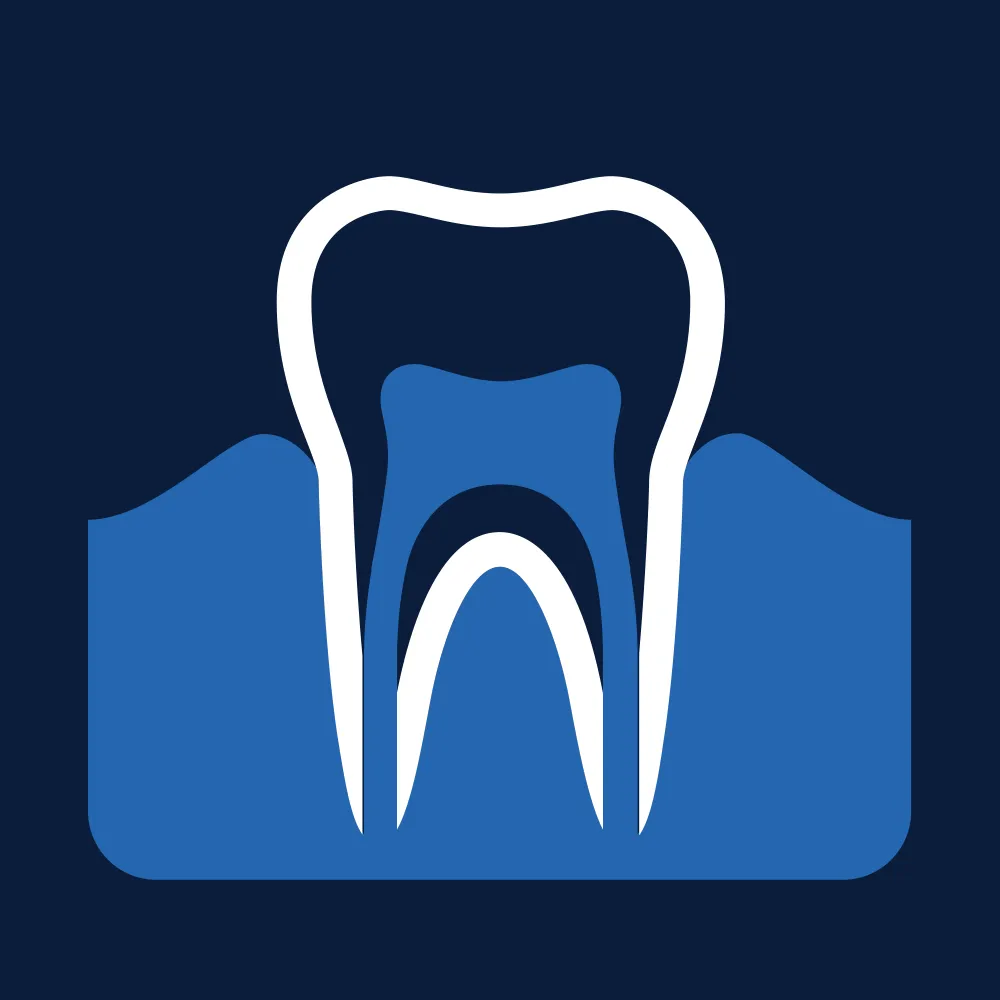 A stylized tooth icon with a blue checkmark, symbolizing dental care and approval, set against a dark blue background.