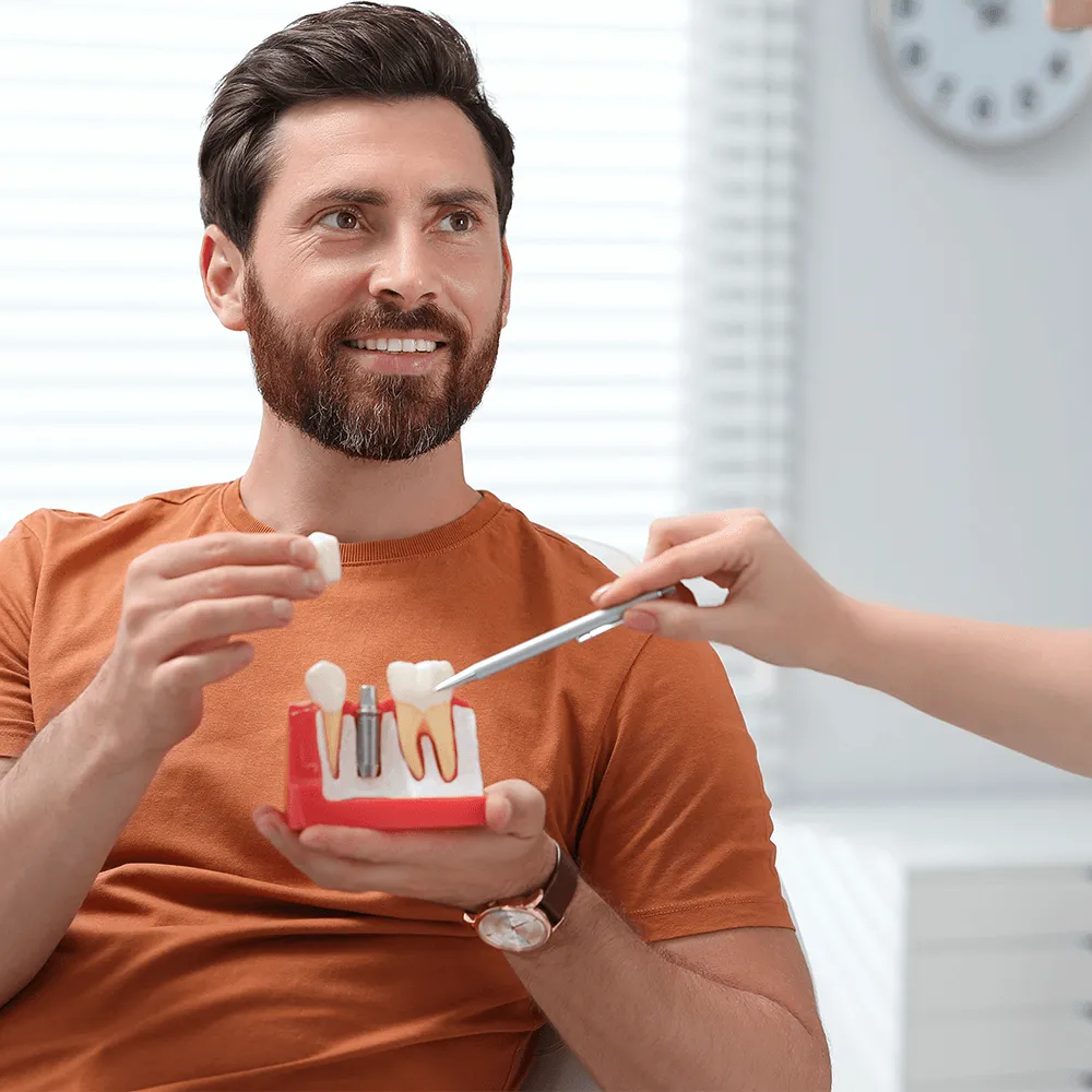 Dentist explaining dental implant procedure to patient using model.