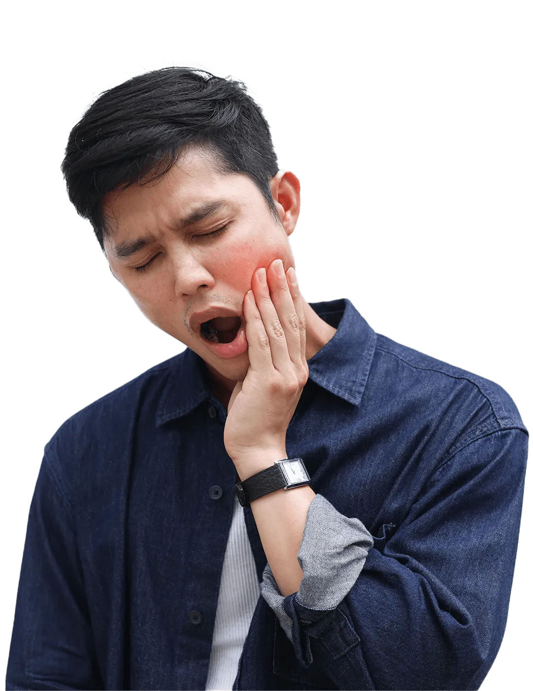 Man holding his cheek, experiencing toothache pain.