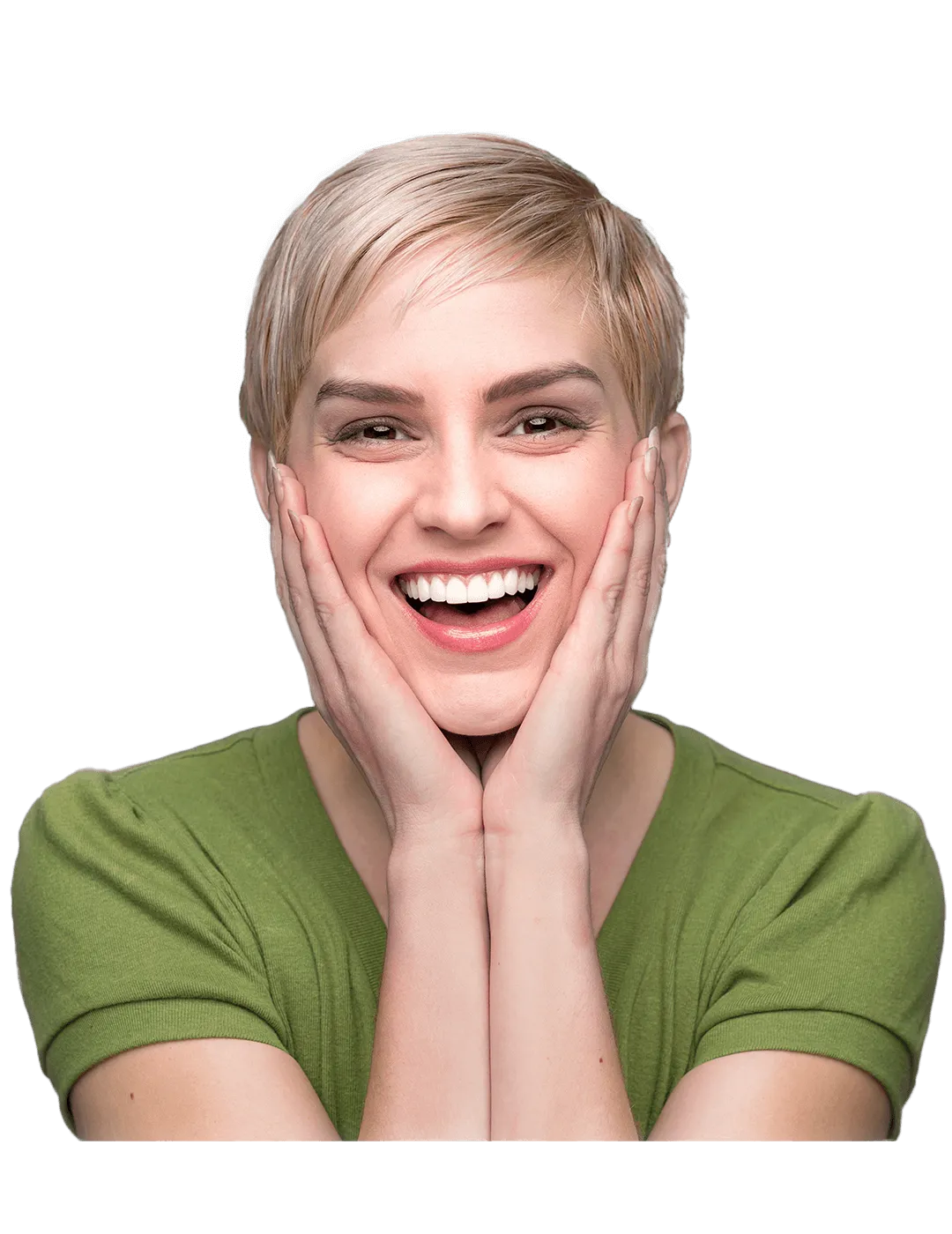 Happy woman with short blonde hair, wearing a green shirt.