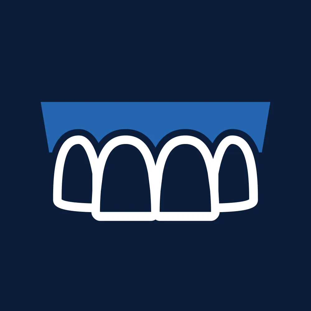 Stylized graphic of teeth with white outlines on a dark blue background, topped by a blue rectangle.
