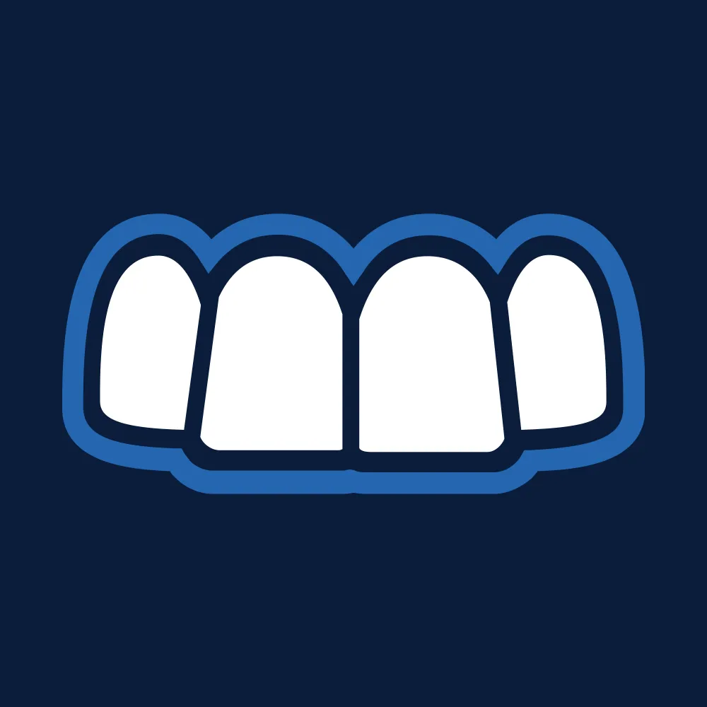Stylized graphic of white teeth inside a blue outline on a dark blue background.