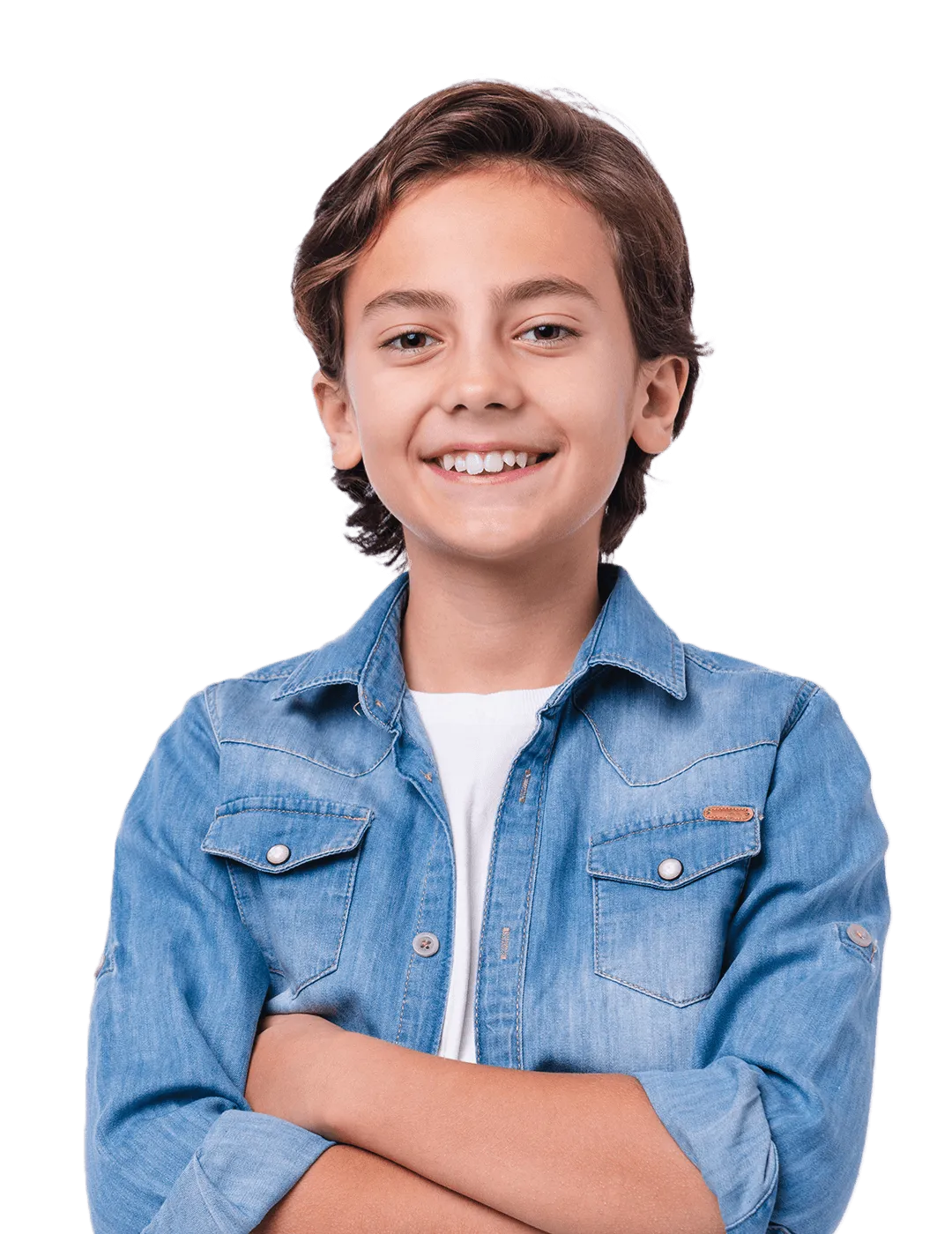 Smiling boy with arms crossed, wearing a denim shirt.