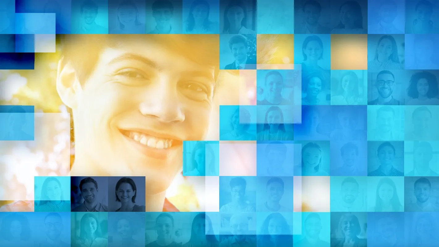 Happy diverse team collaborating, mosaic of faces