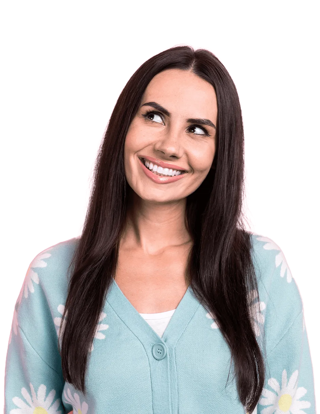 Smiling woman in a blue floral sweater looking to the side